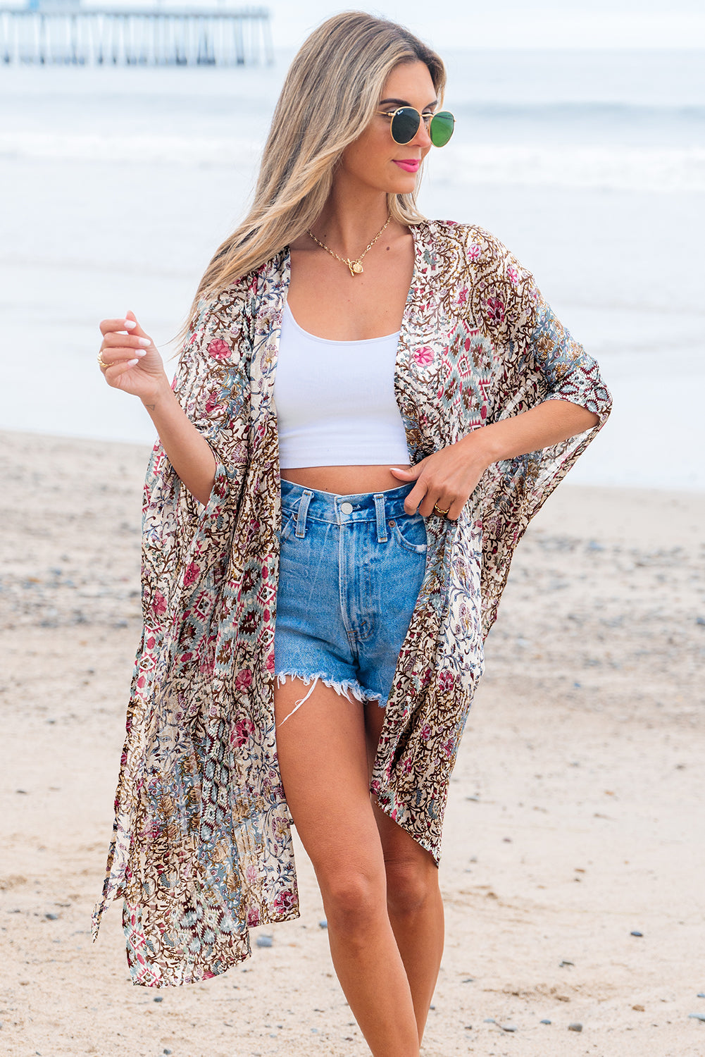 Love Salve  Apricot Floral Print Short Wide Sleeve Open Love Salve
